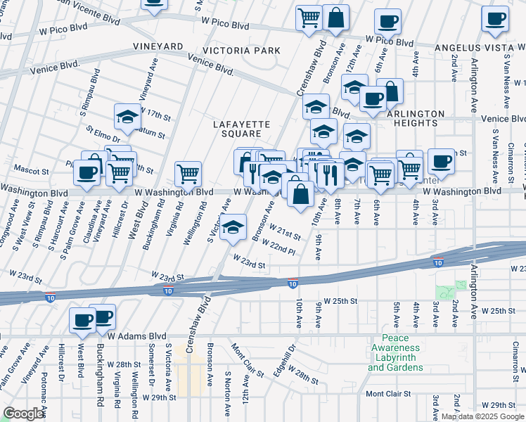 map of restaurants, bars, coffee shops, grocery stores, and more near 1923 South Bronson Avenue in Los Angeles