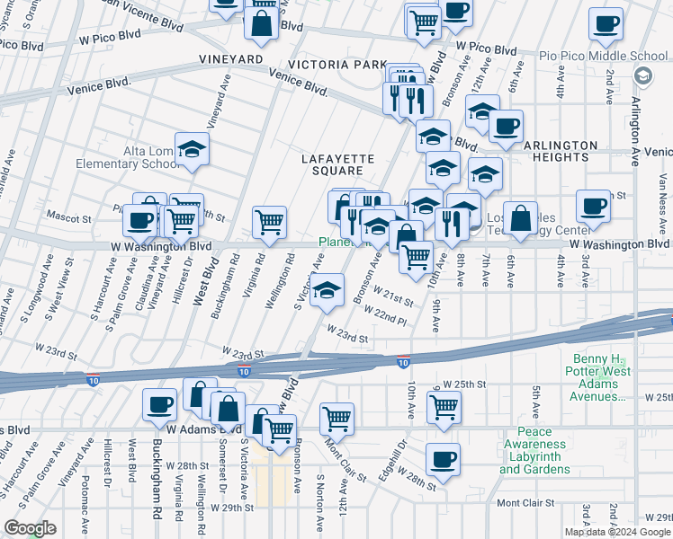 map of restaurants, bars, coffee shops, grocery stores, and more near 1902 South Victoria Avenue in Los Angeles