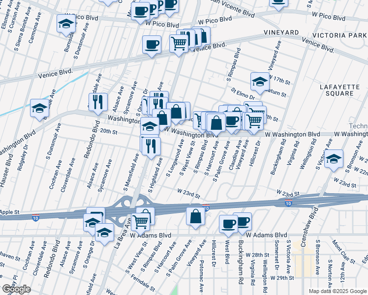 map of restaurants, bars, coffee shops, grocery stores, and more near 1900 South Longwood Avenue in Los Angeles