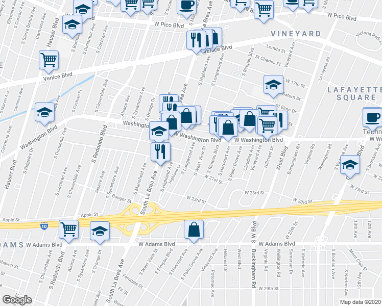 map of restaurants, bars, coffee shops, grocery stores, and more near 1900 South Longwood Avenue in Los Angeles