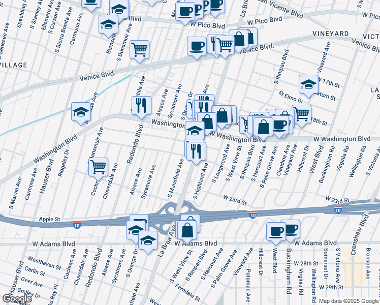 map of restaurants, bars, coffee shops, grocery stores, and more near 4950 West 20th Street in Los Angeles