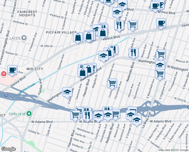 map of restaurants, bars, coffee shops, grocery stores, and more near 5336 Washington Boulevard in Los Angeles