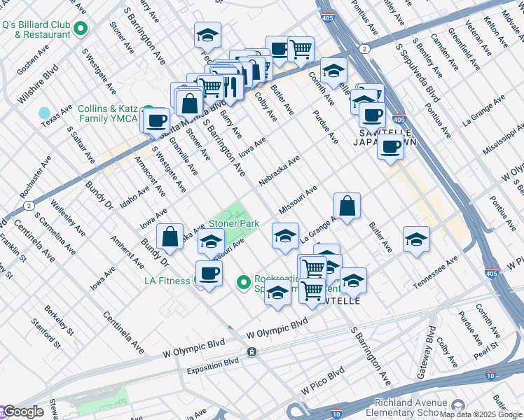 map of restaurants, bars, coffee shops, grocery stores, and more near 1824 South Barrington Avenue in Los Angeles