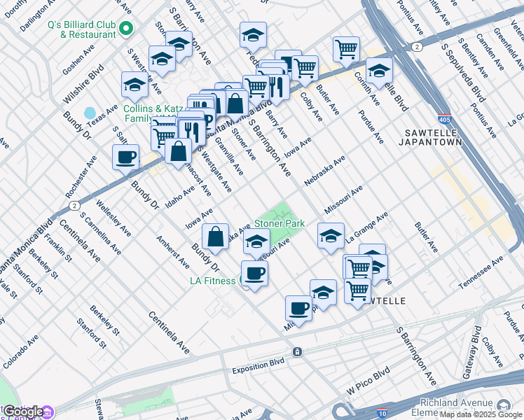 map of restaurants, bars, coffee shops, grocery stores, and more near 1734 Granville Avenue in Los Angeles