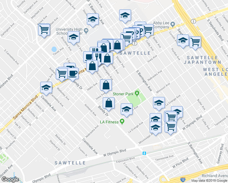 map of restaurants, bars, coffee shops, grocery stores, and more near 1714 South Westgate Avenue in Los Angeles