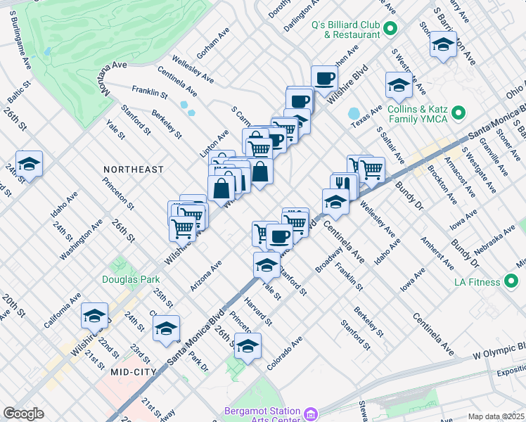 map of restaurants, bars, coffee shops, grocery stores, and more near 1226 Franklin Street in Santa Monica