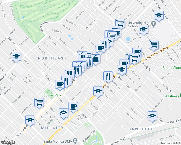 map of restaurants, bars, coffee shops, grocery stores, and more near 3017 Wilshire Boulevard in Santa Monica