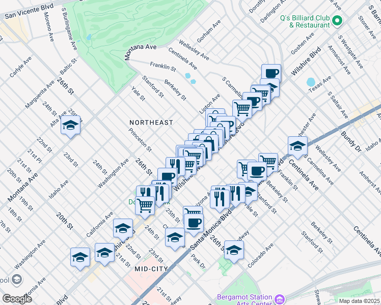 map of restaurants, bars, coffee shops, grocery stores, and more near 1111 Yale Street in Santa Monica