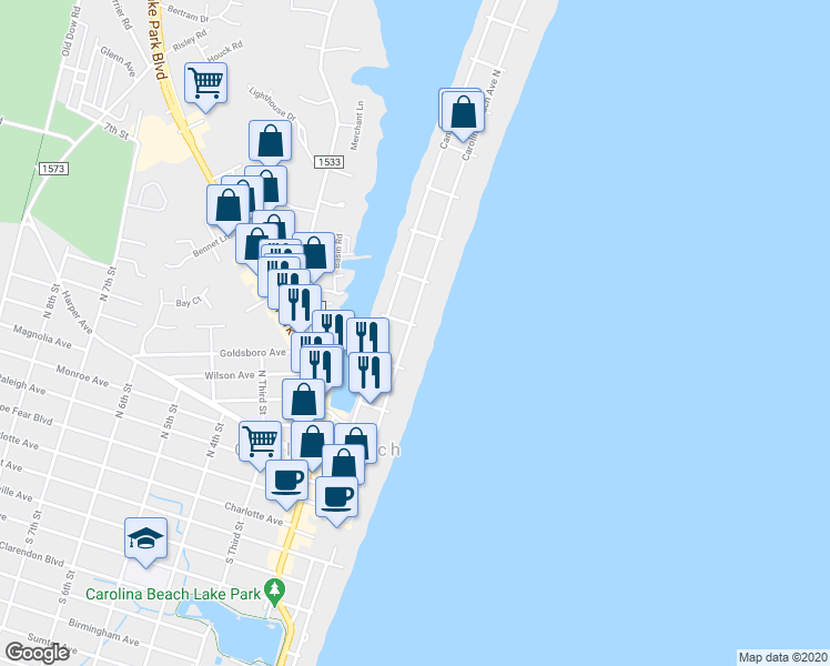 map of restaurants, bars, coffee shops, grocery stores, and more near 502 Canal Drive in Carolina Beach