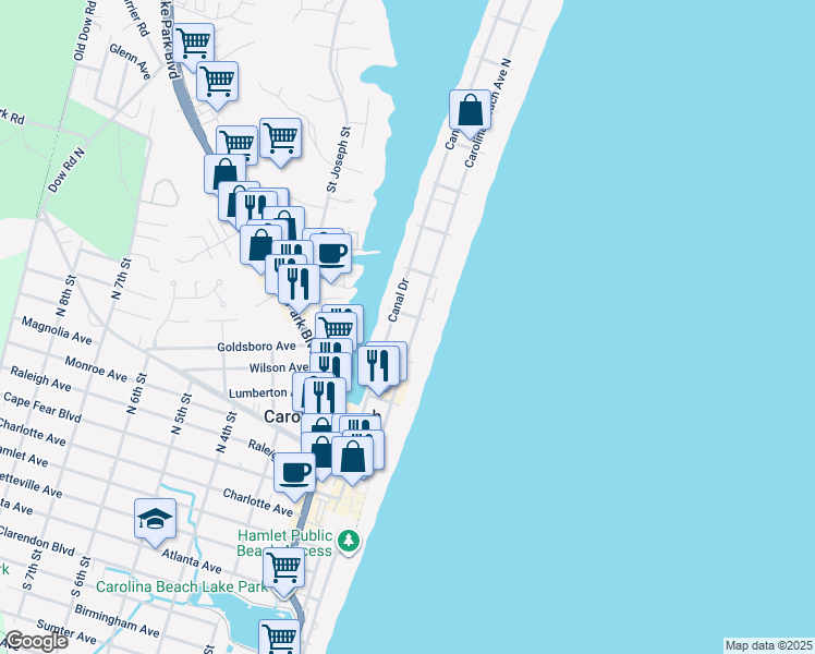 map of restaurants, bars, coffee shops, grocery stores, and more near 502 Canal Drive in Carolina Beach