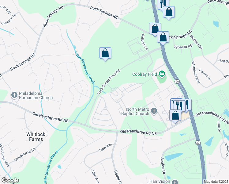 map of restaurants, bars, coffee shops, grocery stores, and more near 232 Overlook Park Lane in Lawrenceville