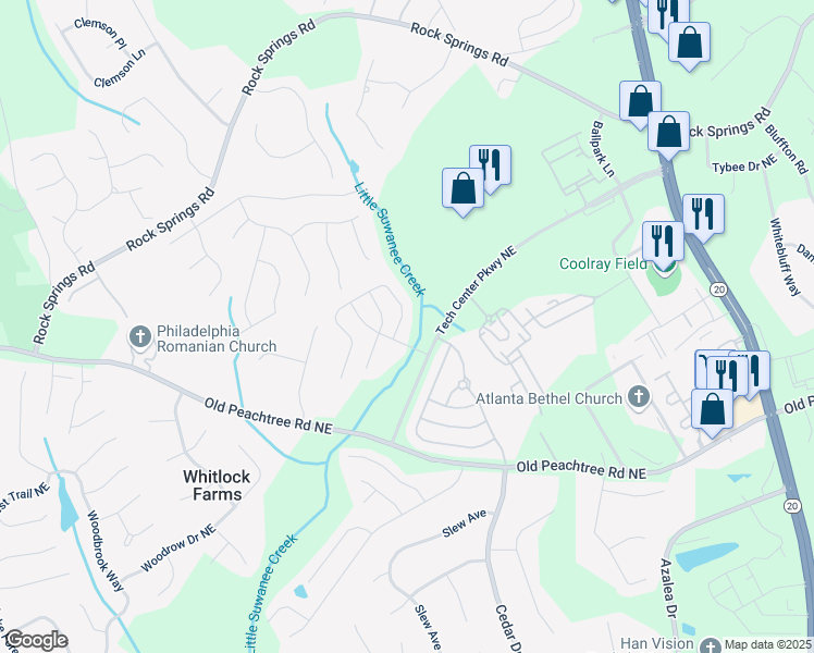 map of restaurants, bars, coffee shops, grocery stores, and more near 2741 Pierce Brennen Court Northeast in Lawrenceville