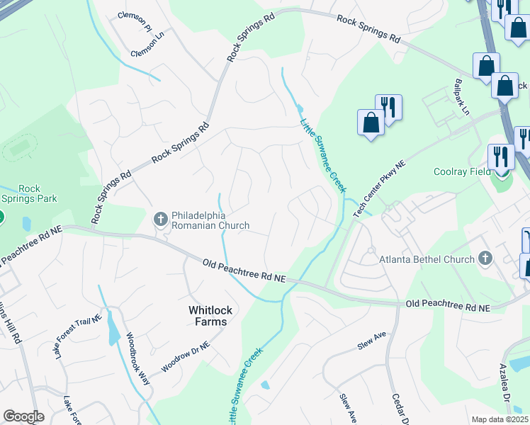 map of restaurants, bars, coffee shops, grocery stores, and more near 2700 Sandstone Drive in Lawrenceville
