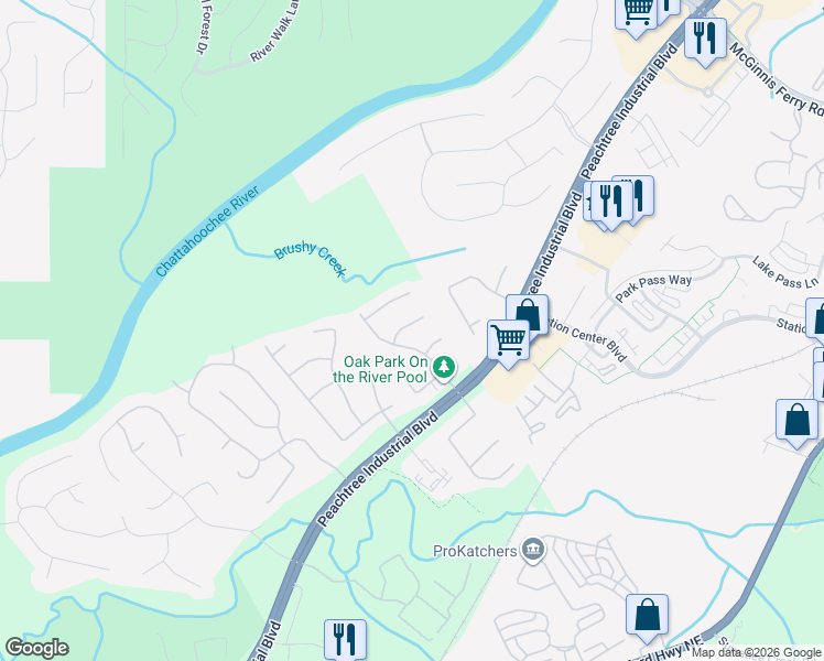 map of restaurants, bars, coffee shops, grocery stores, and more near 1529 Clydesdale Court in Suwanee