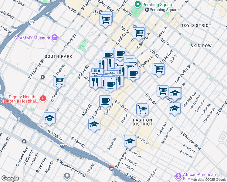 map of restaurants, bars, coffee shops, grocery stores, and more near 1027 South Los Angeles Street in Los Angeles