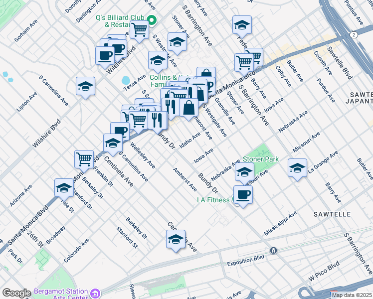 map of restaurants, bars, coffee shops, grocery stores, and more near 12000 Idaho Avenue in Los Angeles
