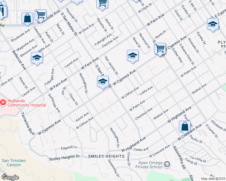 map of restaurants, bars, coffee shops, grocery stores, and more near South San Mateo Street in Redlands