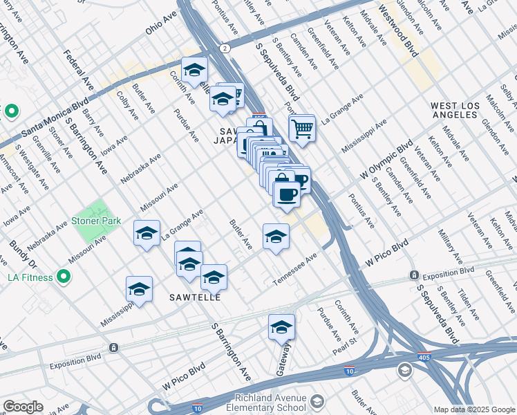 map of restaurants, bars, coffee shops, grocery stores, and more near 11347 Mississippi Avenue in Los Angeles