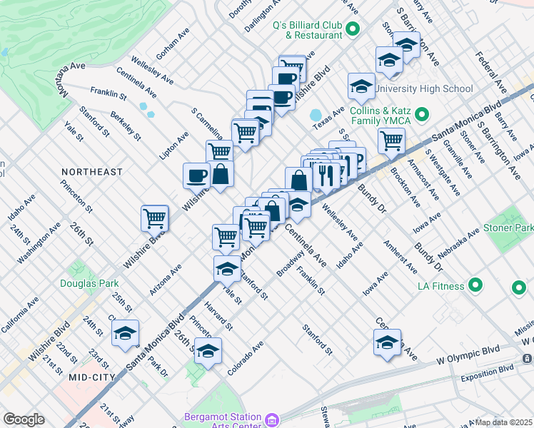map of restaurants, bars, coffee shops, grocery stores, and more near 1341 Centinela Avenue in Santa Monica