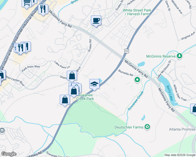 map of restaurants, bars, coffee shops, grocery stores, and more near Buford Highway in Suwanee
