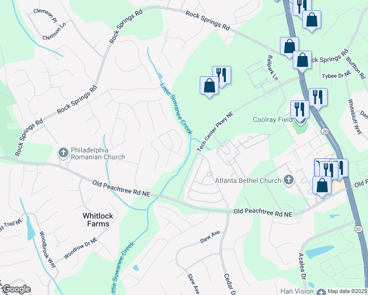 map of restaurants, bars, coffee shops, grocery stores, and more near 2741 Pierce Brennen Court Northeast in Lawrenceville