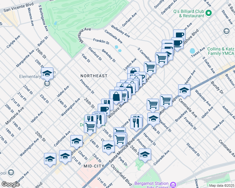 map of restaurants, bars, coffee shops, grocery stores, and more near 1126 Yale Street in Santa Monica