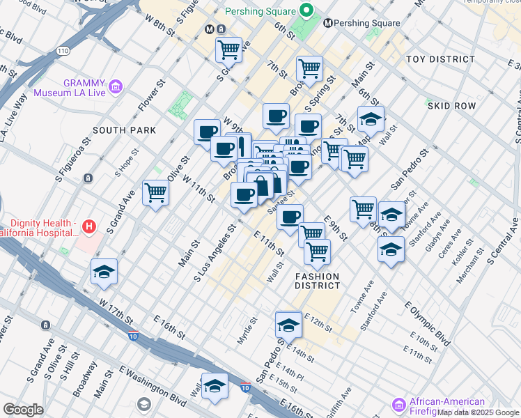 map of restaurants, bars, coffee shops, grocery stores, and more near 950 South Los Angeles Street in Los Angeles