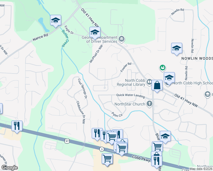 map of restaurants, bars, coffee shops, grocery stores, and more near 3420 Town Square Drive Northwest in Kennesaw