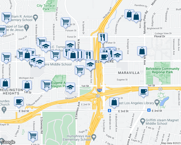 map of restaurants, bars, coffee shops, grocery stores, and more near 319 North Humphreys Avenue in Los Angeles
