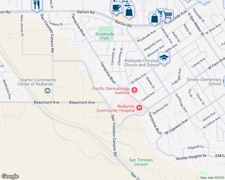 map of restaurants, bars, coffee shops, grocery stores, and more near 132 Terracina Boulevard in Redlands