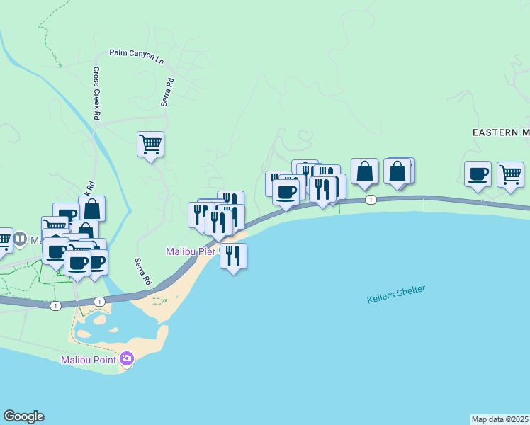 map of restaurants, bars, coffee shops, grocery stores, and more near 22853 Pacific Coast Highway in Malibu