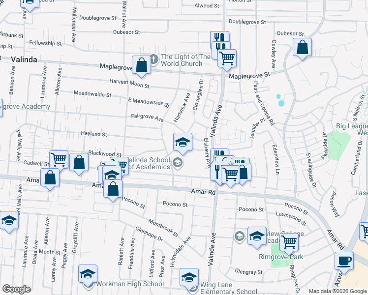 map of restaurants, bars, coffee shops, grocery stores, and more near 16408 Hayland Street in La Puente