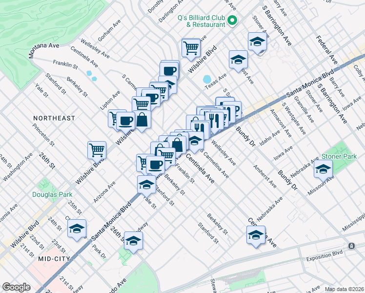map of restaurants, bars, coffee shops, grocery stores, and more near 12431 Rochester Avenue in Los Angeles