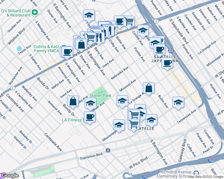 map of restaurants, bars, coffee shops, grocery stores, and more near 1835 South Barrington Avenue in Los Angeles
