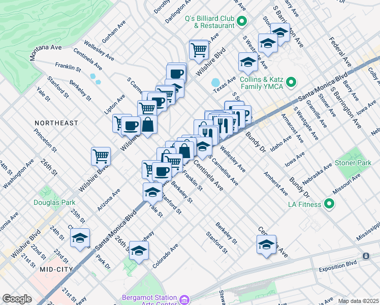 map of restaurants, bars, coffee shops, grocery stores, and more near 12431 Rochester Avenue in Los Angeles