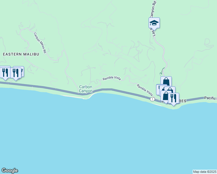 map of restaurants, bars, coffee shops, grocery stores, and more near 21625 Pacific Coast Highway in Malibu
