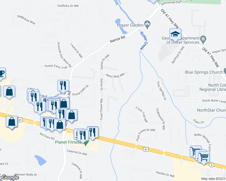 map of restaurants, bars, coffee shops, grocery stores, and more near 515 Bass Chase Northwest in Kennesaw