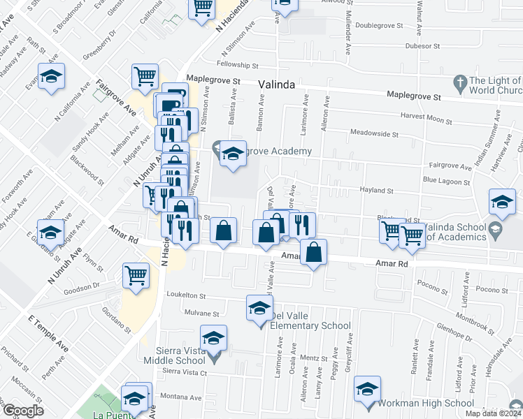 map of restaurants, bars, coffee shops, grocery stores, and more near 1074 Molinar Avenue in La Puente