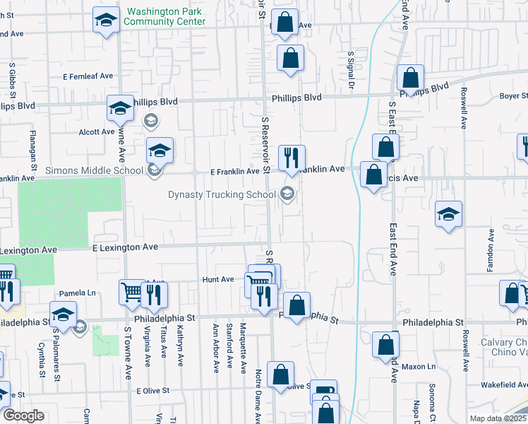 map of restaurants, bars, coffee shops, grocery stores, and more near 1185 James Lewis Court in Pomona