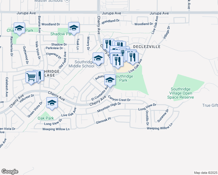 map of restaurants, bars, coffee shops, grocery stores, and more near 14559 El Contento Avenue in Fontana