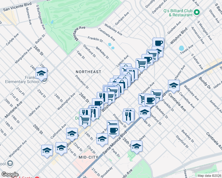 map of restaurants, bars, coffee shops, grocery stores, and more near 1111 Yale Street in Santa Monica
