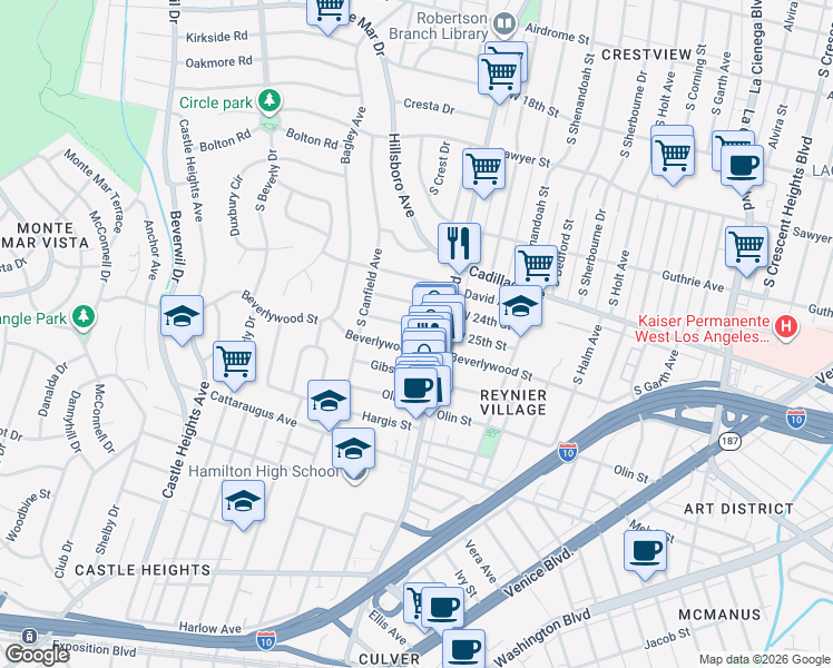 map of restaurants, bars, coffee shops, grocery stores, and more near 9026 West 25th Street in Los Angeles