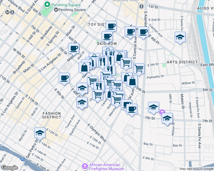 map of restaurants, bars, coffee shops, grocery stores, and more near 911 7th Street in Los Angeles