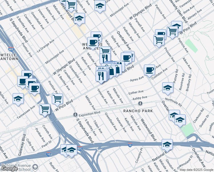 map of restaurants, bars, coffee shops, grocery stores, and more near 10900 West Pico Boulevard in Los Angeles