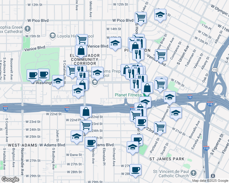 map of restaurants, bars, coffee shops, grocery stores, and more near 1408 West Washington Boulevard in Los Angeles