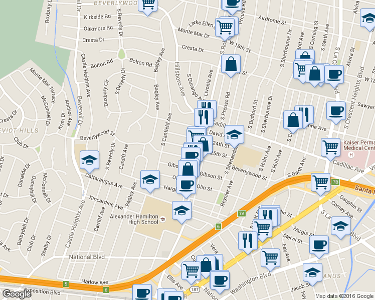 map of restaurants, bars, coffee shops, grocery stores, and more near 9026 West 25th Street in Los Angeles