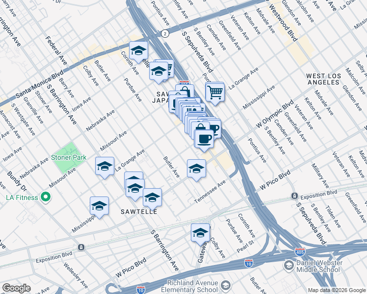 map of restaurants, bars, coffee shops, grocery stores, and more near 11347 Mississippi Avenue in Los Angeles