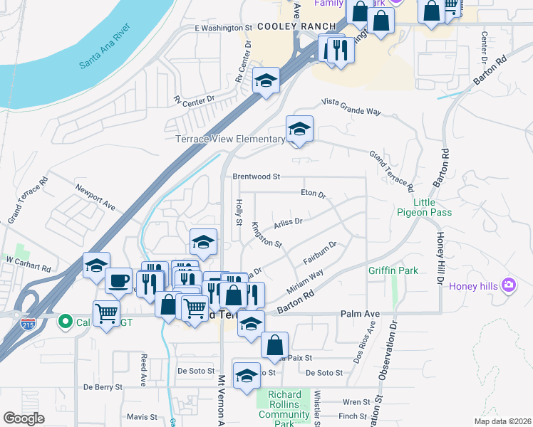 map of restaurants, bars, coffee shops, grocery stores, and more near 11822 Arliss Court in Grand Terrace