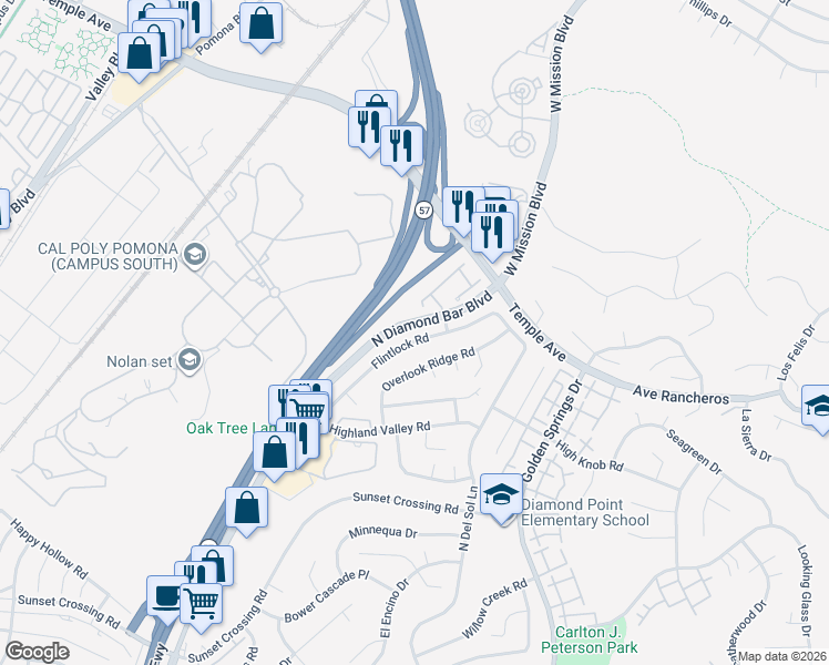 map of restaurants, bars, coffee shops, grocery stores, and more near 1153 Flintlock Road in Diamond Bar