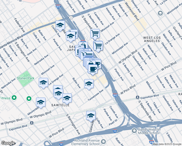 map of restaurants, bars, coffee shops, grocery stores, and more near 11315 Mississippi Avenue in Los Angeles